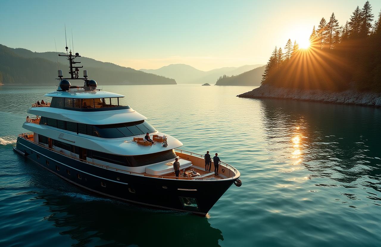 A luxury yacht anchored in a serene cove on the coast of Vancouver Island, with a group of men relaxing on deck.