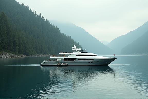 A yacht anchored in a calm bay with forested hills, with two men preparing to go ashore in a dinghy.