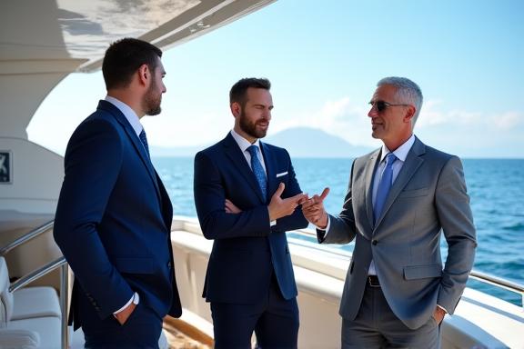 A group of professional men in discussion on the aft deck of a luxury yacht.
