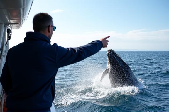 A man pointing towards a breaching humpback whale from the bow of a yacht.