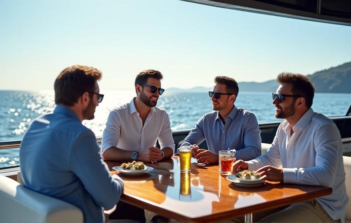 A group of men enjoying the flybridge of the Azimut 60 yacht.