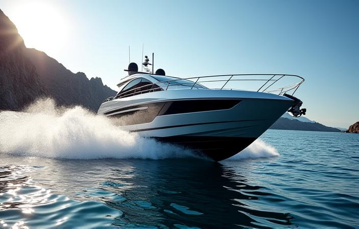 The sleek Beneteau Gran Turismo 45 yacht at speed near a rocky coastline.